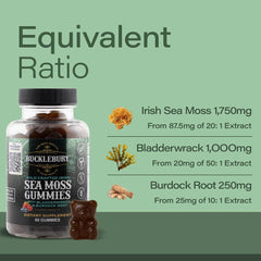 Bucklebury Sea Moss Gummies bottle with vegan and non-GMO attributes.
