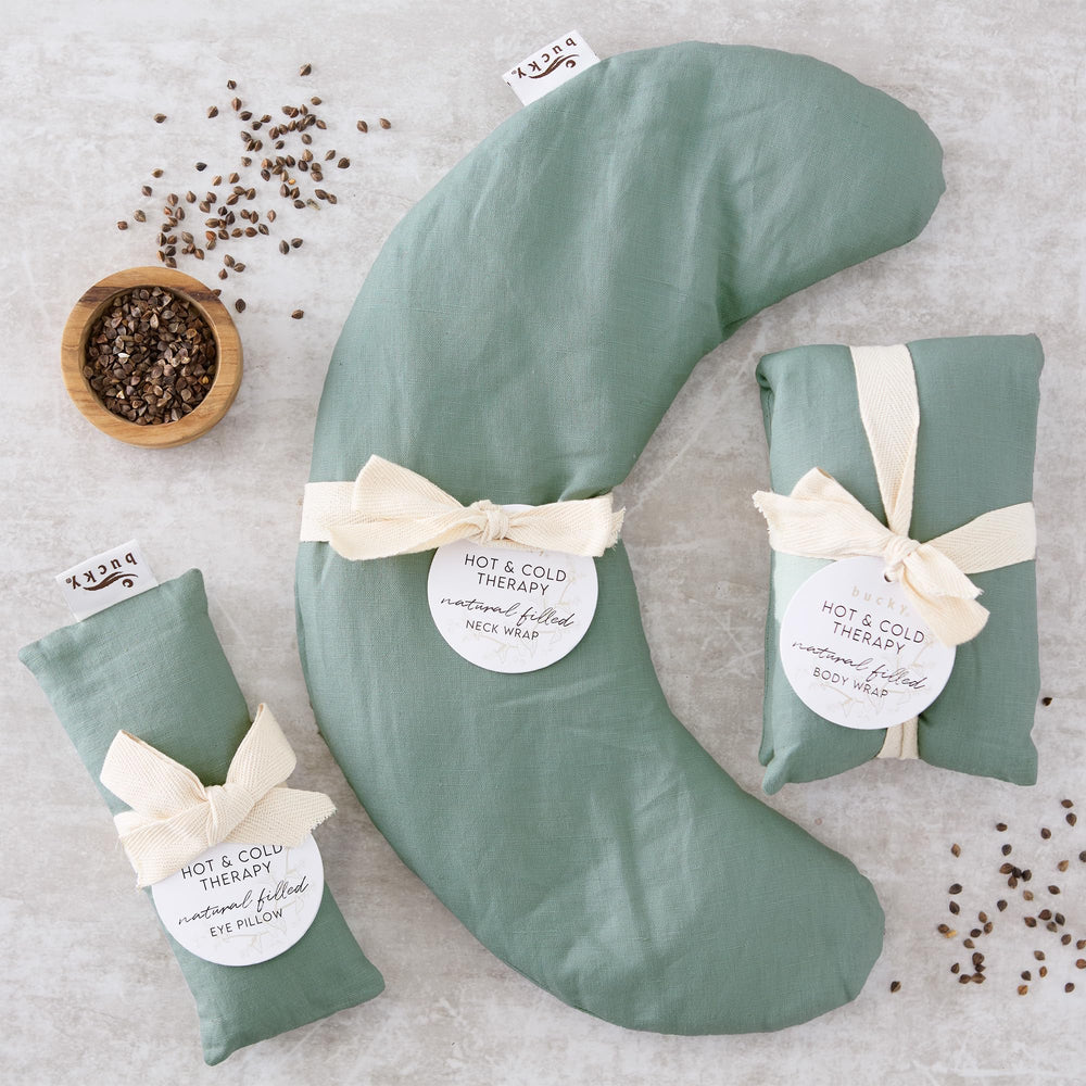 Bucky linen neck pillow removable cover detail for easy care and washing.