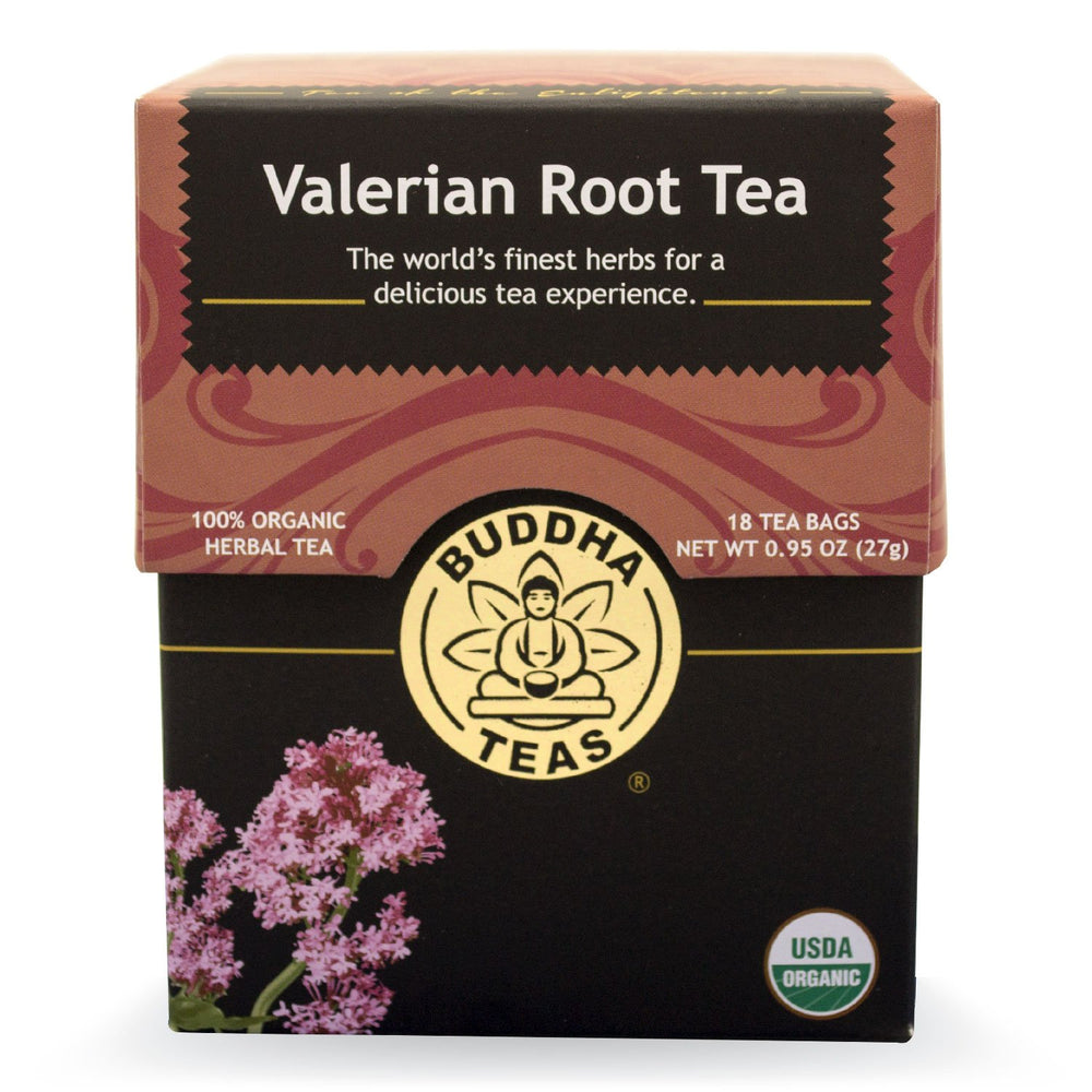 Buddha Teas Valerian Root Tea packaging boxes on shelf highlight organic herbs for a relaxing evening ritual.