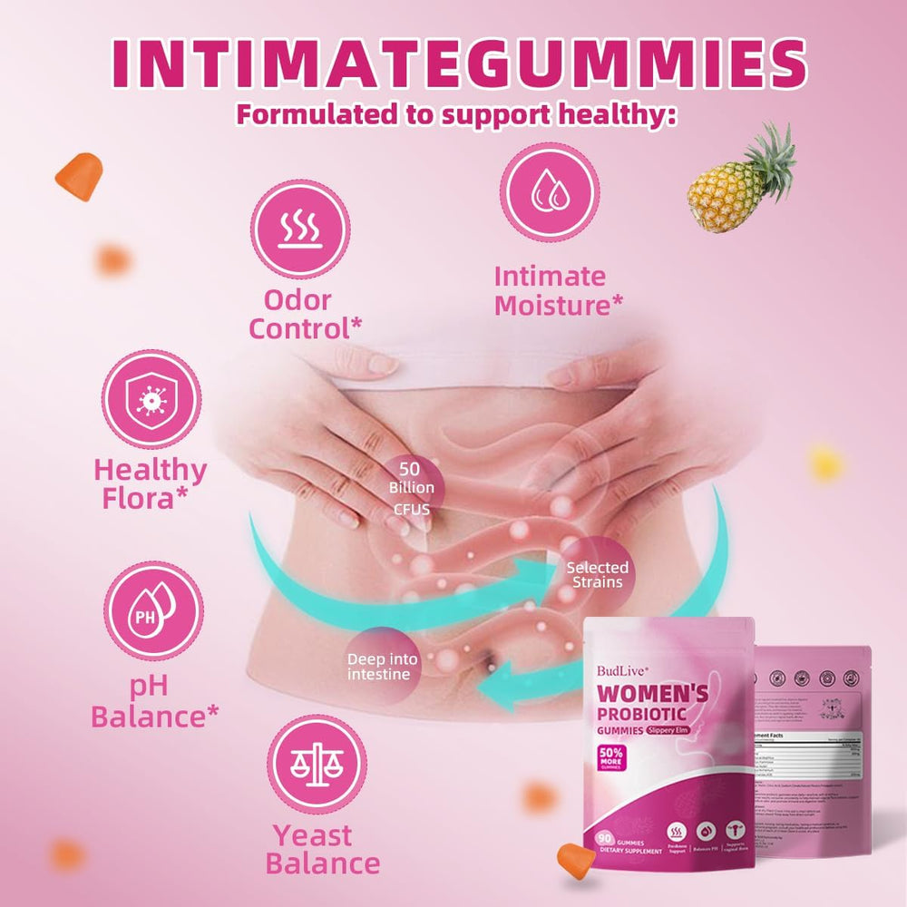 BudLive pineapple gummies label close-up showing ingredients and probiotic benefits.