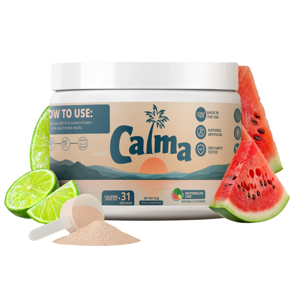 Buenas Vibras Wellness Calma bottle label shows watermelon-lime flavor and calming ingredients.