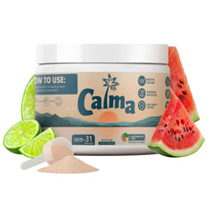 Buenas Vibras Wellness Calma bottle label shows watermelon-lime flavor and calming ingredients.