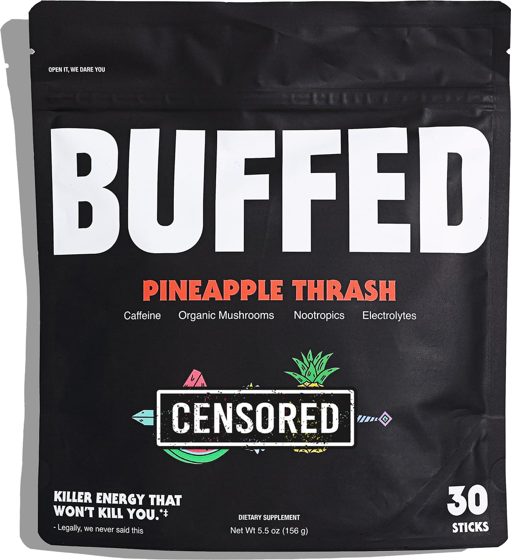 BUFFED Pineapple Thrash energy powder stick packet front for quick energy boost.