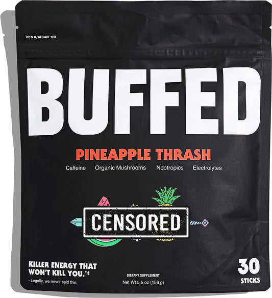 BUFFED Pineapple Thrash energy powder stick packet front for quick energy boost.
