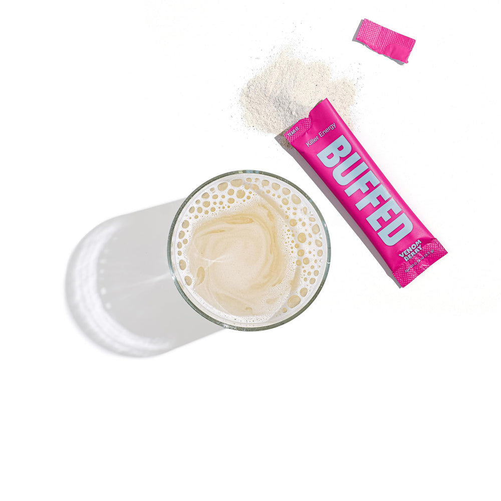 BUFFED Venom Berry packets open to reveal convenient, precise dose for quick study breaks.