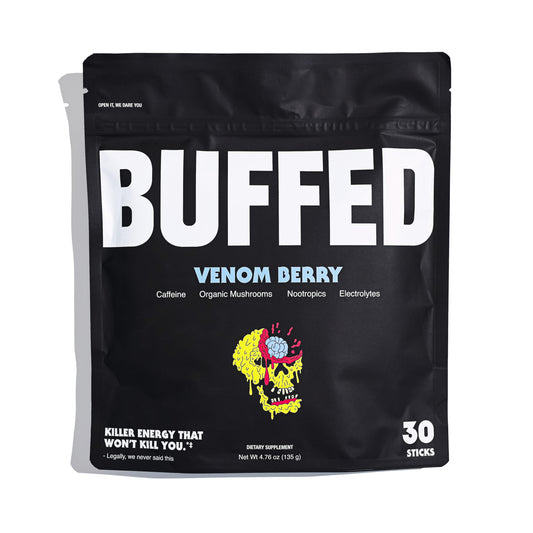 BUFFED Venom Berry energy stick pack for on-the-go focus and easy energizing routine.