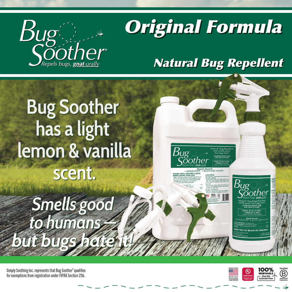 Bug Soother ingredients label highlights a skin-friendly base with essential oils.