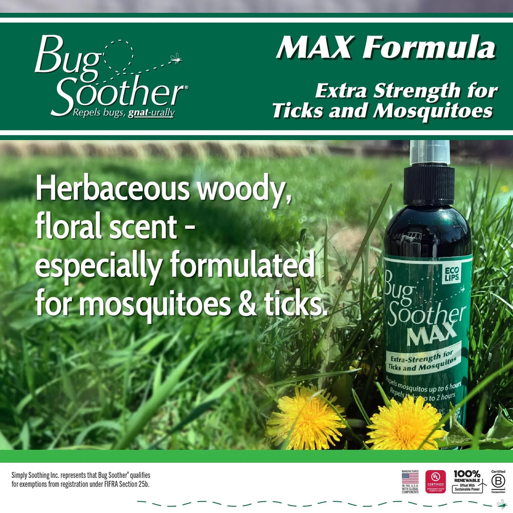 Bug Soother MAX aplicación en la mano: spray cómodo para uso al aire libre.