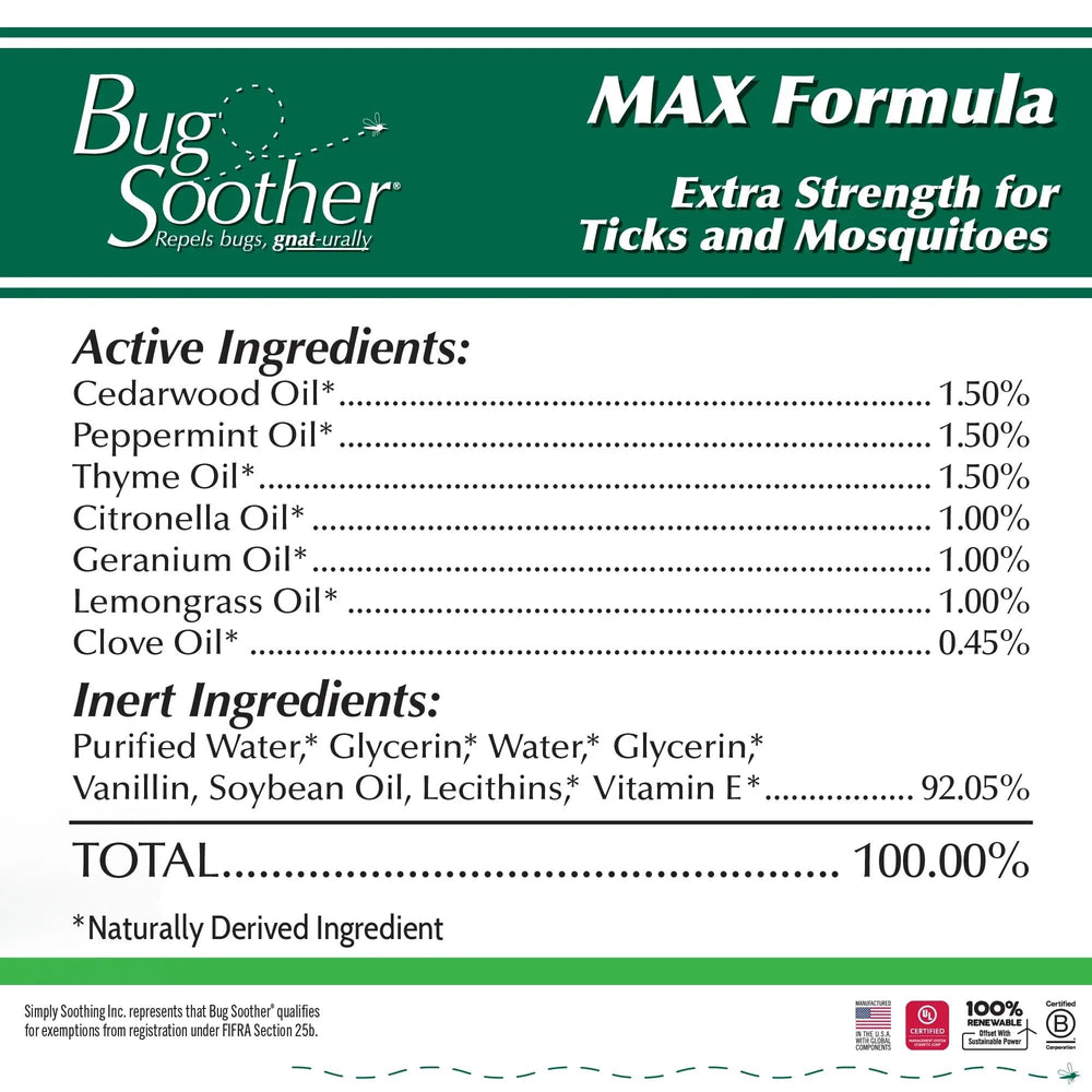 Bug Soother MAX etiqueta frontal: información clara para uso seguro.