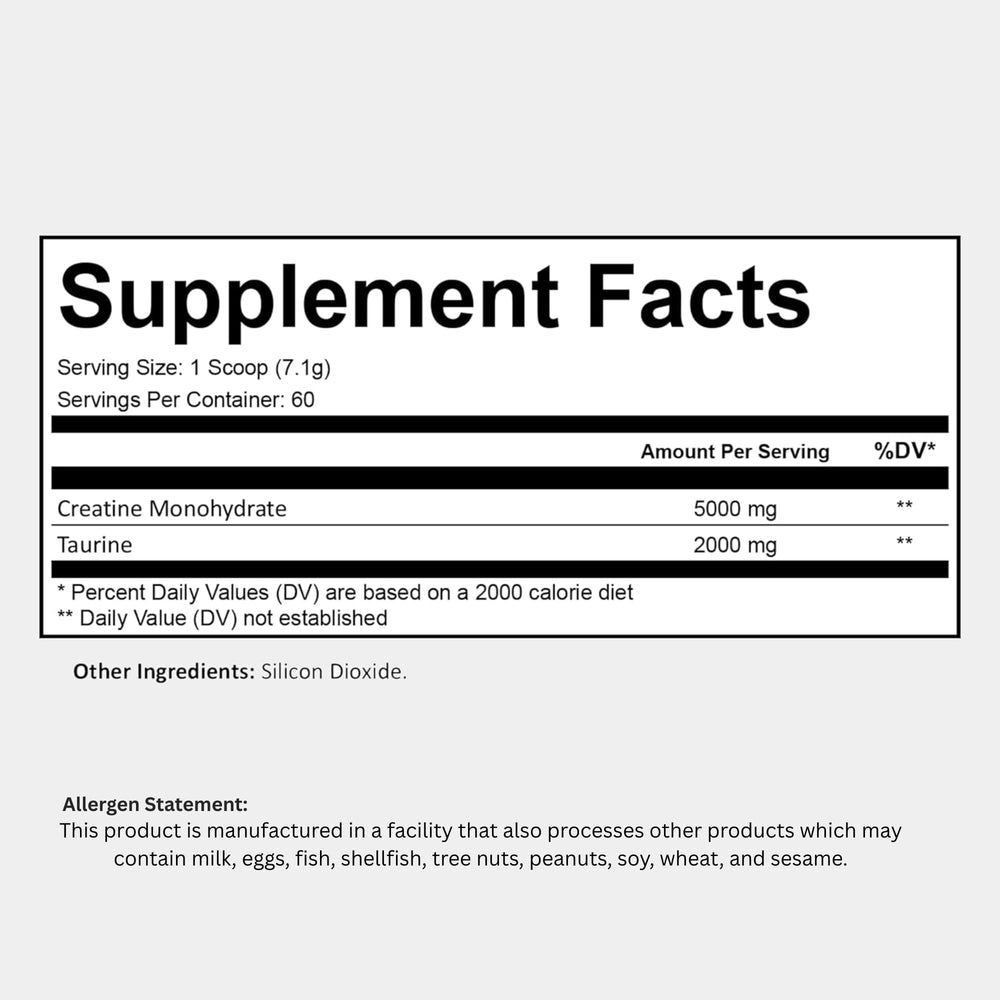 Bugfe Creatine Taurine bottle label highlighting 60 servings.