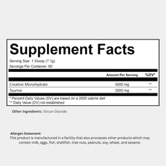Bugfe Creatine Taurine bottle label highlighting 60 servings.