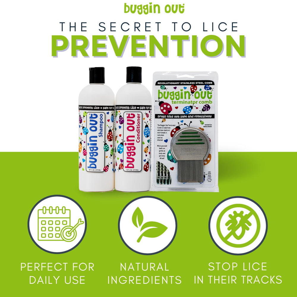 Buggin Out Lice Prevention Shampoo packaging box designed for family daily use