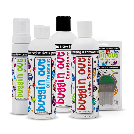 Buggin Out Mega Care mousse for lice care, softening scalp and detangling.