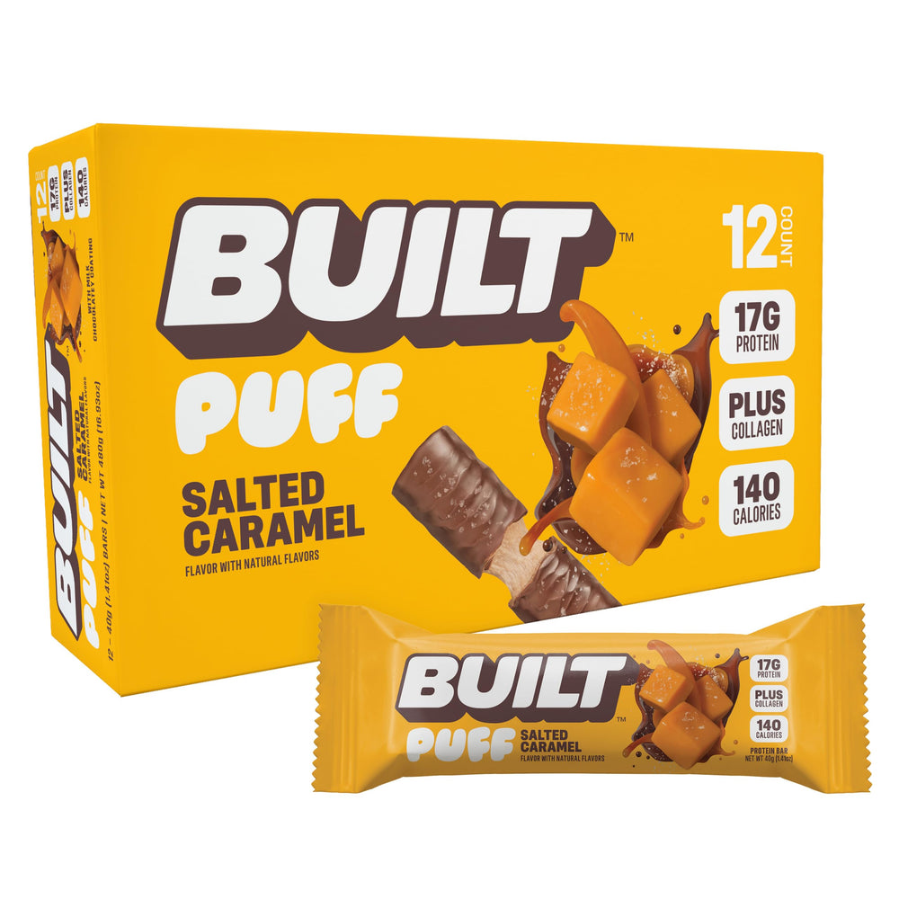 Built Bar Puff Salted Caramel bar, protein-packed for workouts.
