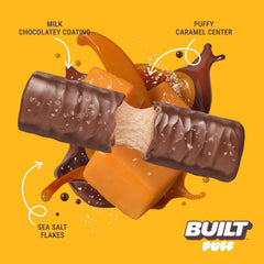 Open pack of Built Bar Puff Salted Caramel ready for on-the-go snacking.
