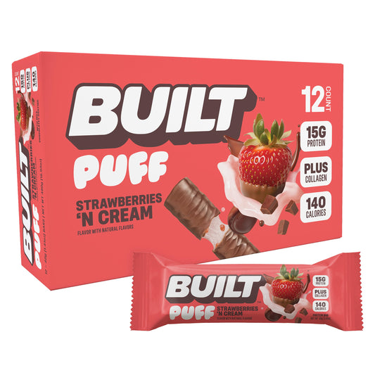 Built Bar Puffs Strawberries N Cream unwrap reveals a protein-packed, on-the-go snack.
