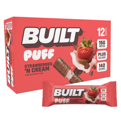 Built Bar Puffs Strawberries N Cream unwrap reveals a protein-packed, on-the-go snack.
