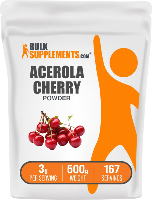 BulkSupplements acerola cherry powder tub closeup highlighting vitamin C-rich powder for daily wellness.