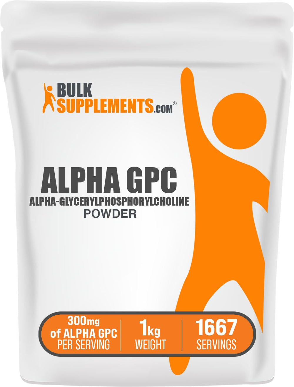 BulkSupplements Alpha GPC powder bottle front, unflavored formula for easy mixing.
