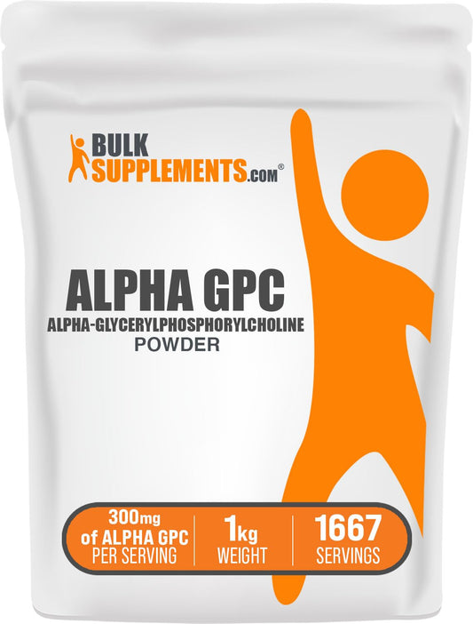 BulkSupplements Alpha GPC powder bottle front, unflavored formula for easy mixing.