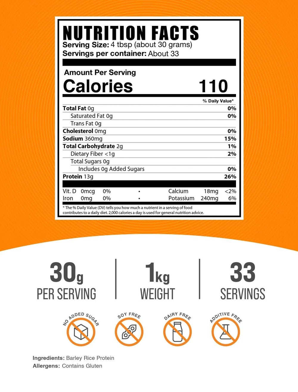 BulkSupplements Barley Rice Protein Powder scoop with 30 g serving