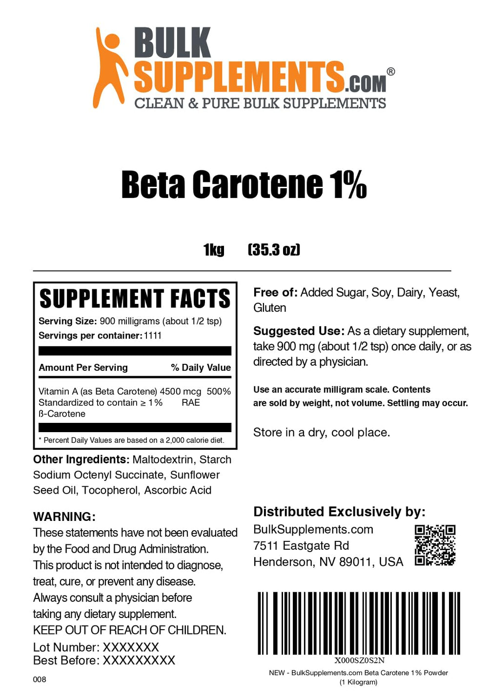 BulkSupplements Beta Carotene powder measured serving helps you track intake.