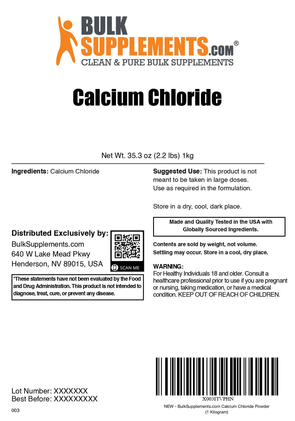 BulkSupplements Calcium Chloride Powder packaging highlights a reliable, gluten-free ingredient for chefs.