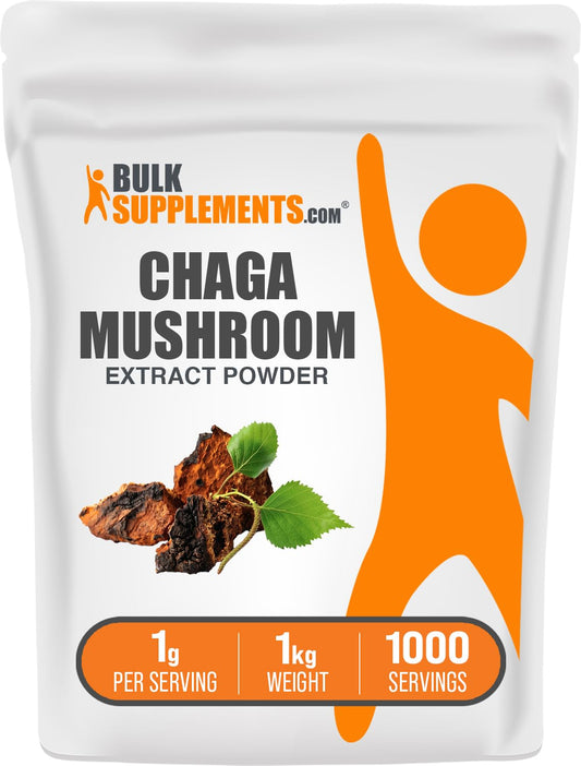 BulkSupplements Chaga Mushroom Extract Powder 1kg pack highlights antioxidant-rich daily support