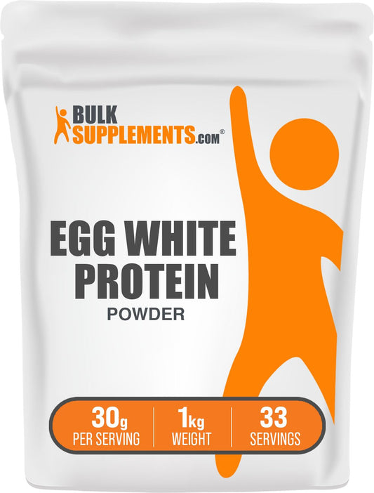 BulkSupplements Egg White Protein Powder bottle showing lactose-free, unflavored protein for versatile shakes.