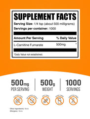 BulkSupplements L-Carnitine Fumarate powder serving scoop for precise 500mg doses.