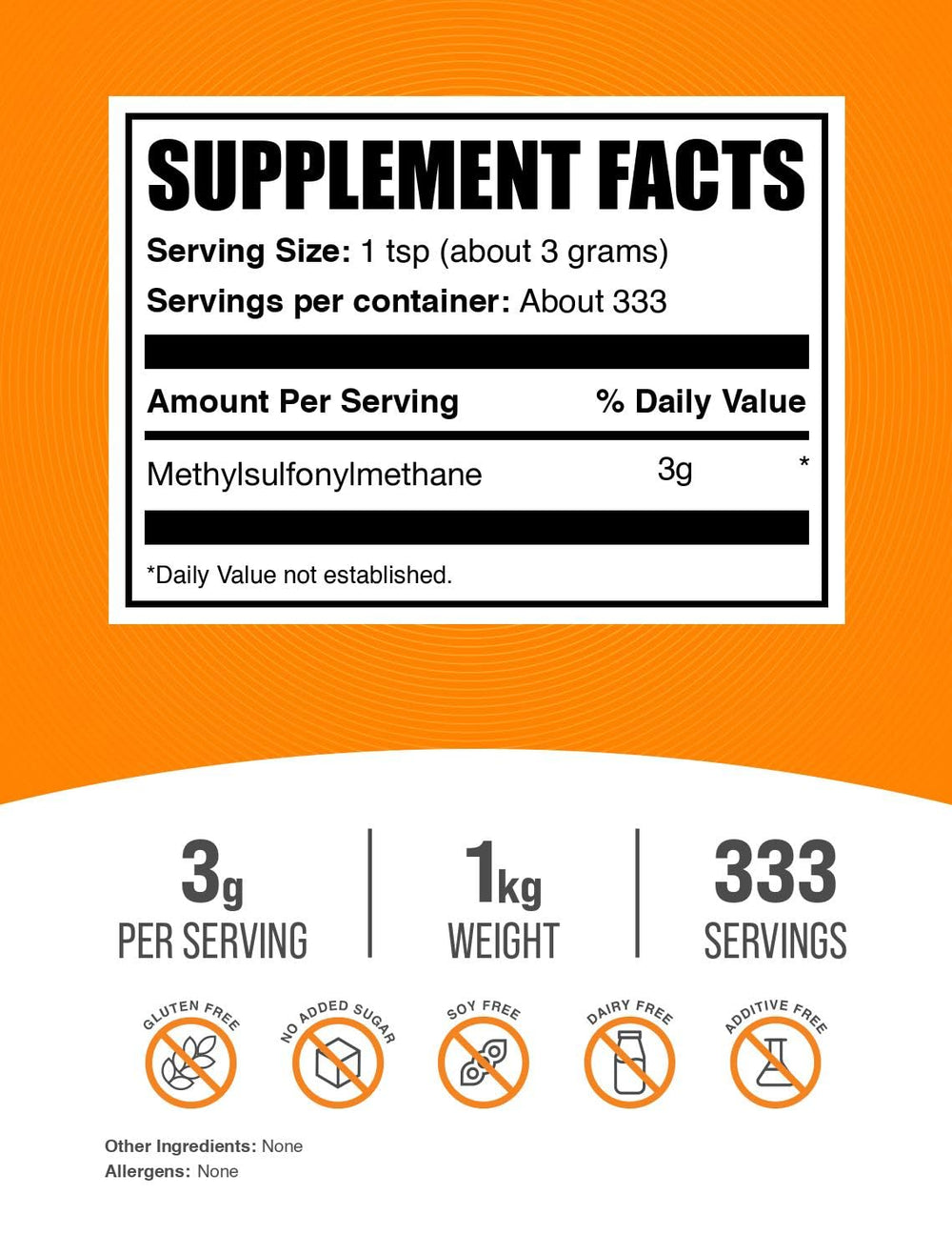 BulkSupplements MSM powder scoop shows convenient 3000 mg serving size.