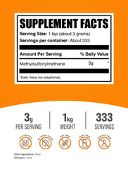 BulkSupplements MSM powder scoop shows convenient 3000 mg serving size.