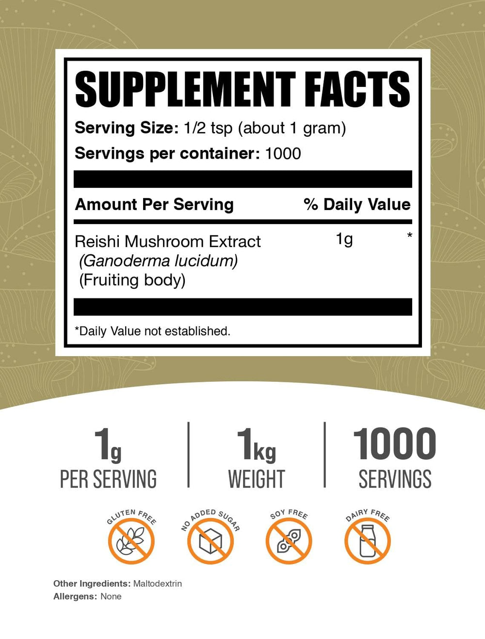 BulkSupplements Reishi mushroom extract powder with scoop for convenient smoothies.