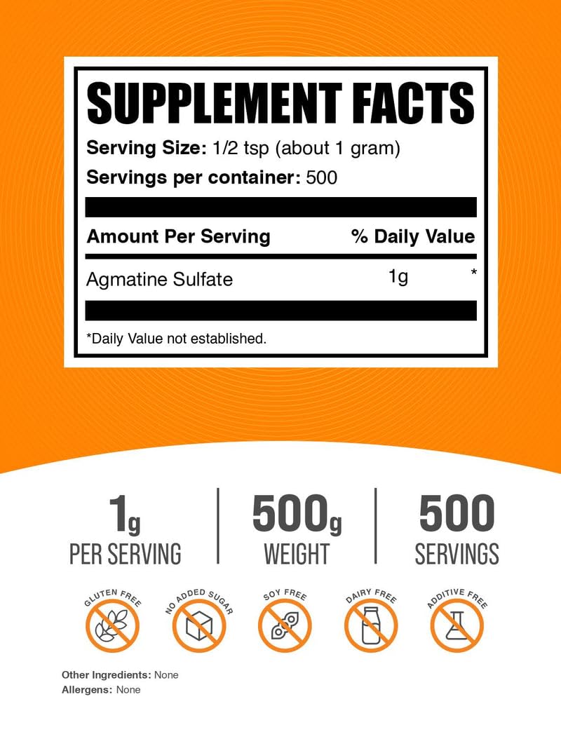 BulkSupplements Agmatine Sulfate unflavored powder bottle blends easily into shakes