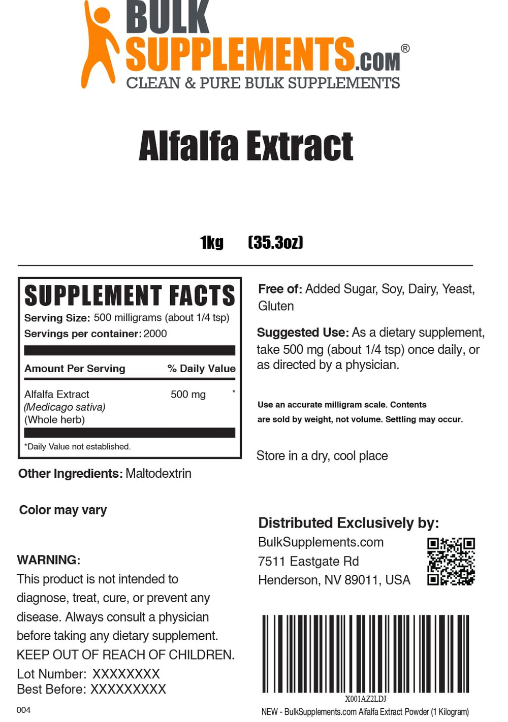 BulkSupplements Alfalfa Extract powder ingredients label highlights vegan, gluten-free formula.