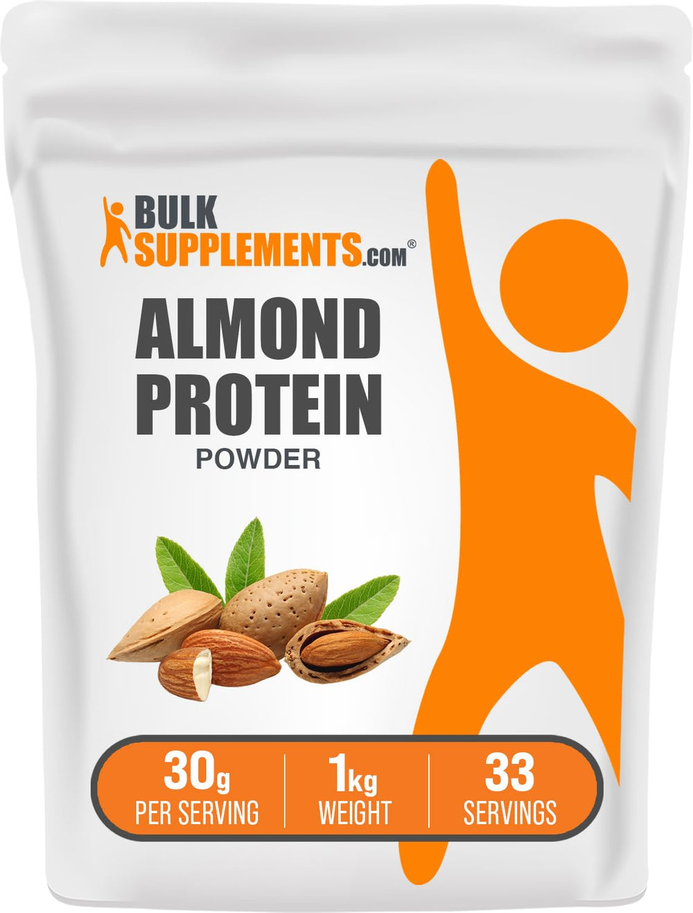 BulkSupplements almond protein powder 1kg bag for vegan, gluten-free nutrition.