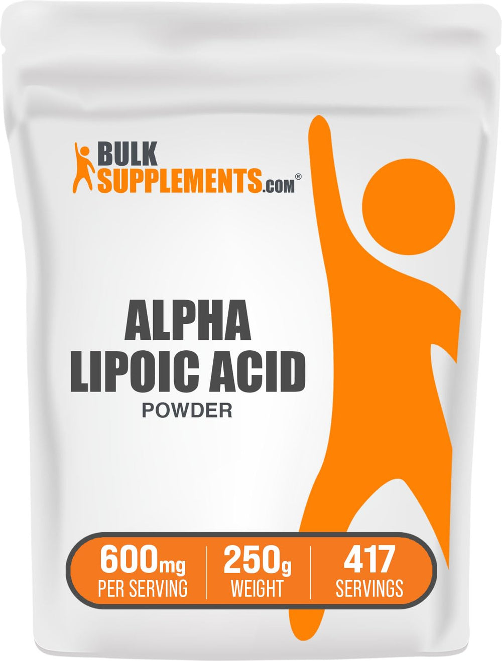 BulkSupplements Alpha Lipoic Acid Powder bottle shows 600 mg serving for daily use.
