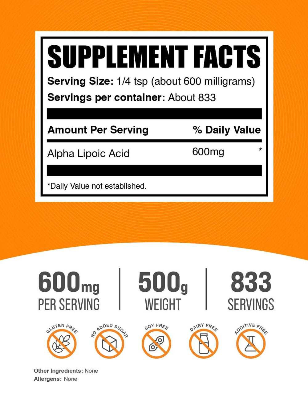 BulkSupplements Alpha Lipoic Acid powder scoop for easy dose mixing.