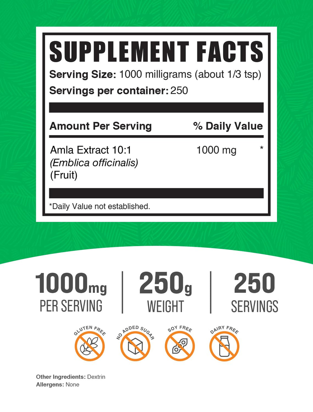 BulkSupplements Amla Extract Powder label close-up highlights third party testing and quality