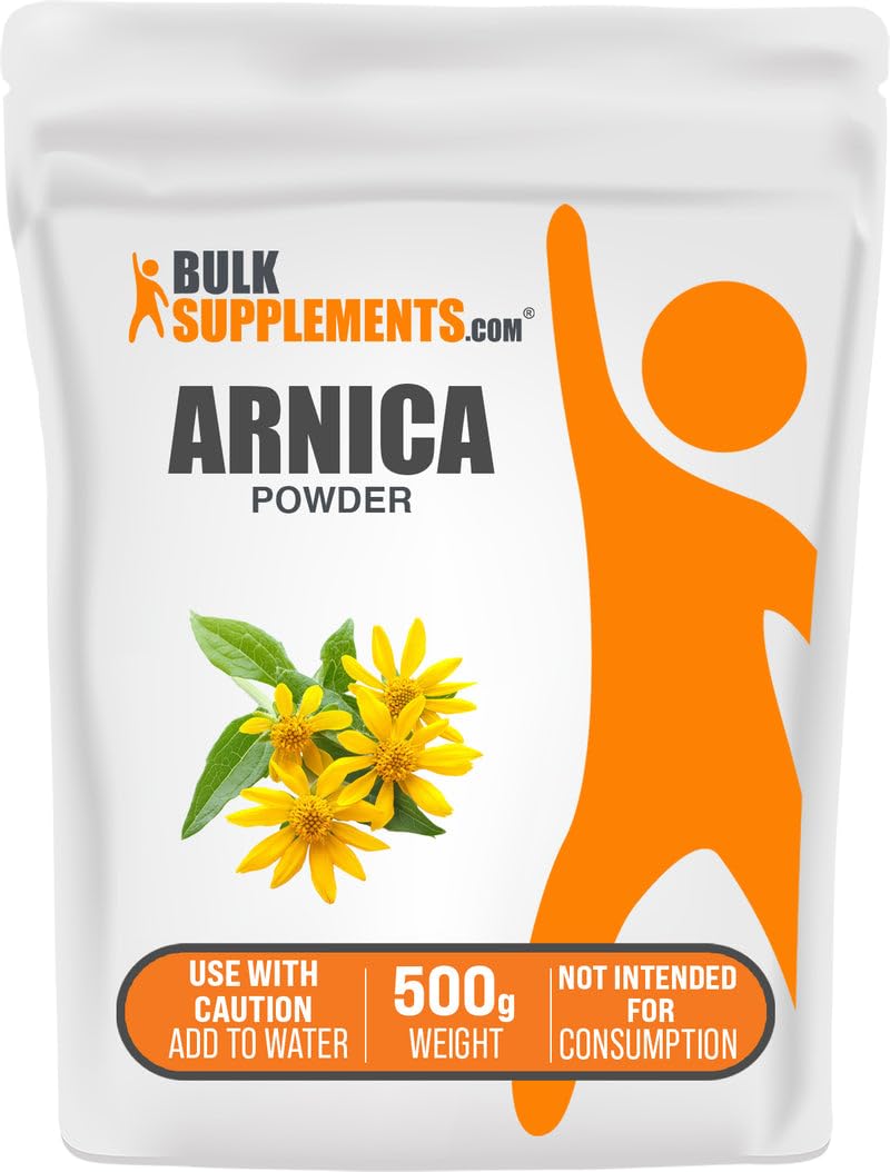 BulkSupplements Arnica Powder packaging close-up, highlighting quality and vegan formulation.