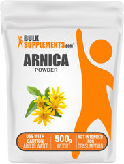 BulkSupplements Arnica Powder packaging close-up, highlighting quality and vegan formulation.