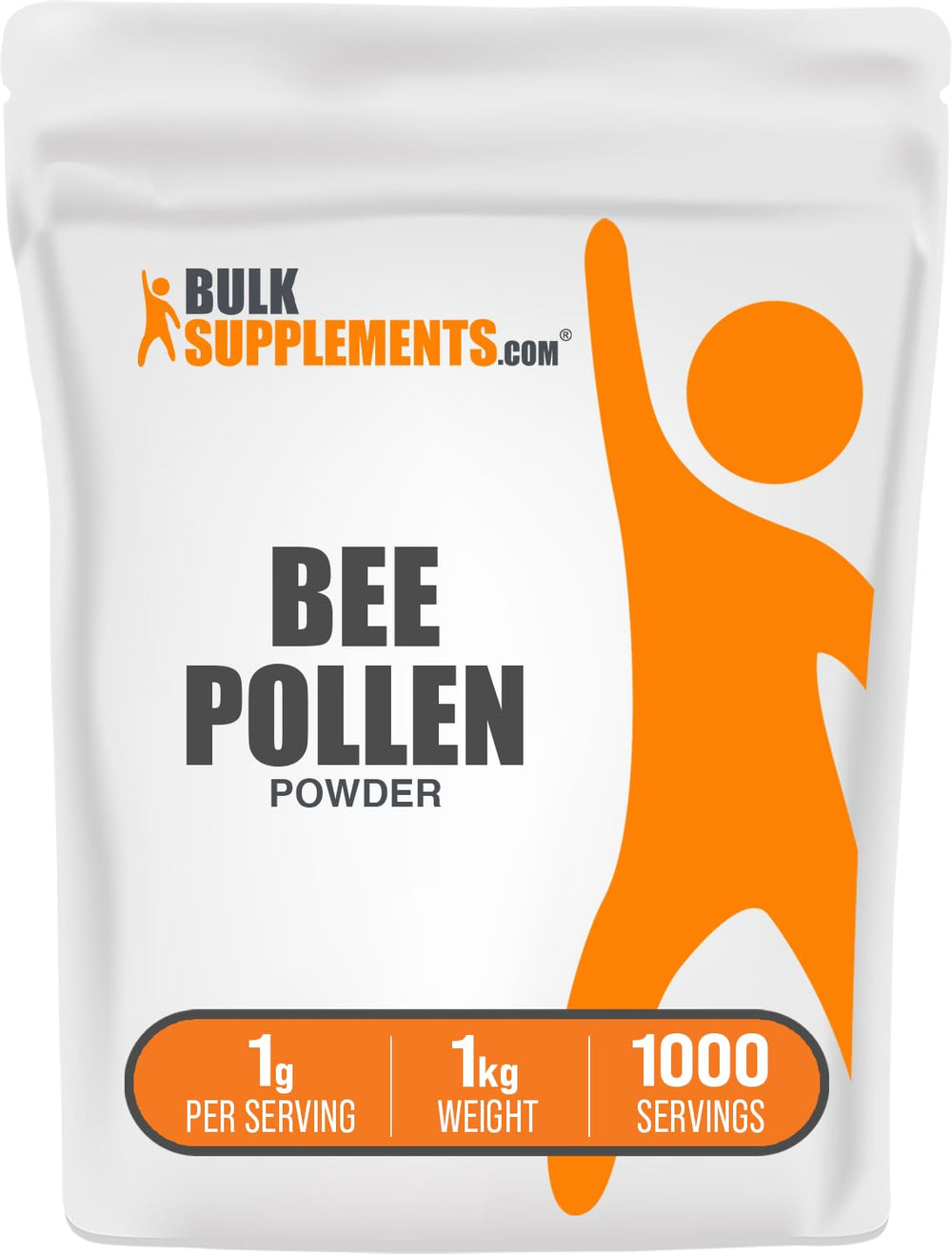 BulkSupplements Bee Pollen Powder jar close-up highlights daily wellness benefits.