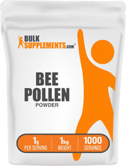 BulkSupplements Bee Pollen Powder jar close-up highlights daily wellness benefits.