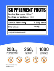 BulkSupplements Beta Glucan powder with scoop enables convenient daily use in smoothies.