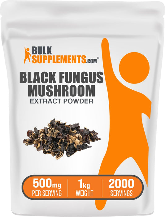 BulkSupplements Black Fungus Mushroom Extract Powder jar label shows vegan, gluten-free benefits.