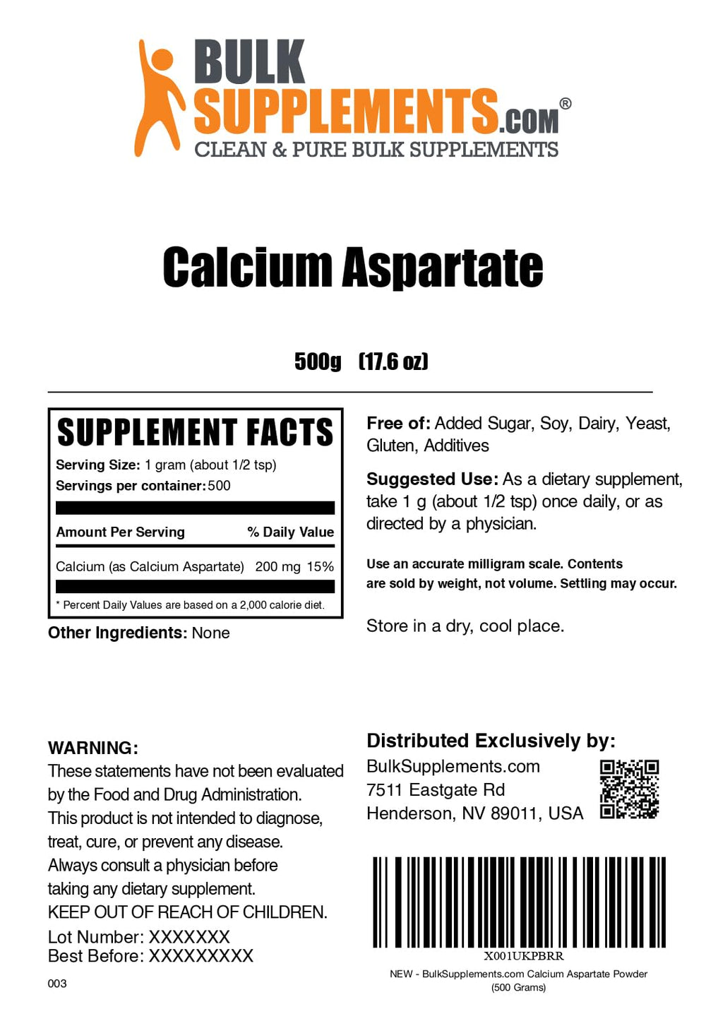 BulkSupplements Calcium Aspartate Powder packaging to ensure quality and freshness.