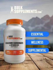 BulkSupplements calcium carbonate vitamin D3 softgels packaging emphasizes quality and gluten-free status.