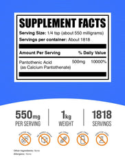 Calcium pantothenate powder from BulkSupplements with a measuring scoop for precise portions.