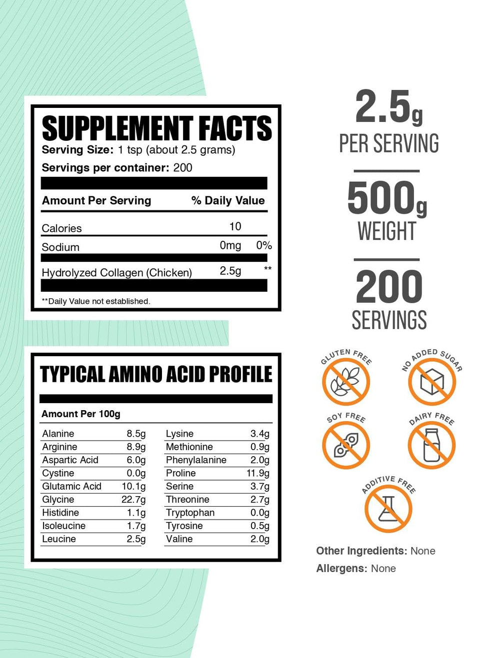 BulkSupplements Chicken Collagen Powder back label showing gluten-free and unflavored formula.