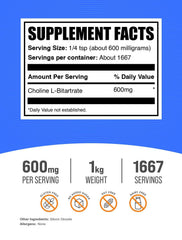 BulkSupplements choline bitartrate powder scoop; convenient 600mg servings for daily use.